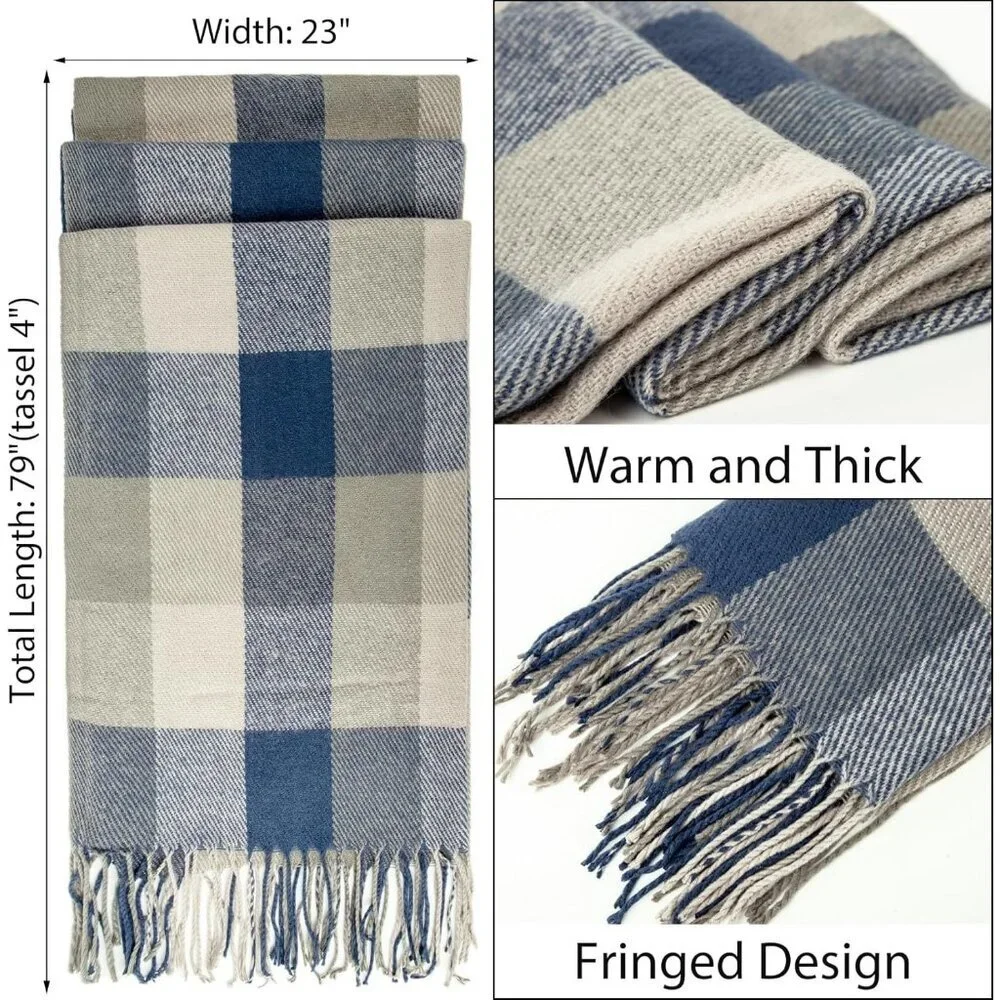 Women's blue Grey Lattice Scarf Fashion Long Plaid Shawls Wraps Big Grid Winter - Picture 2 of 6